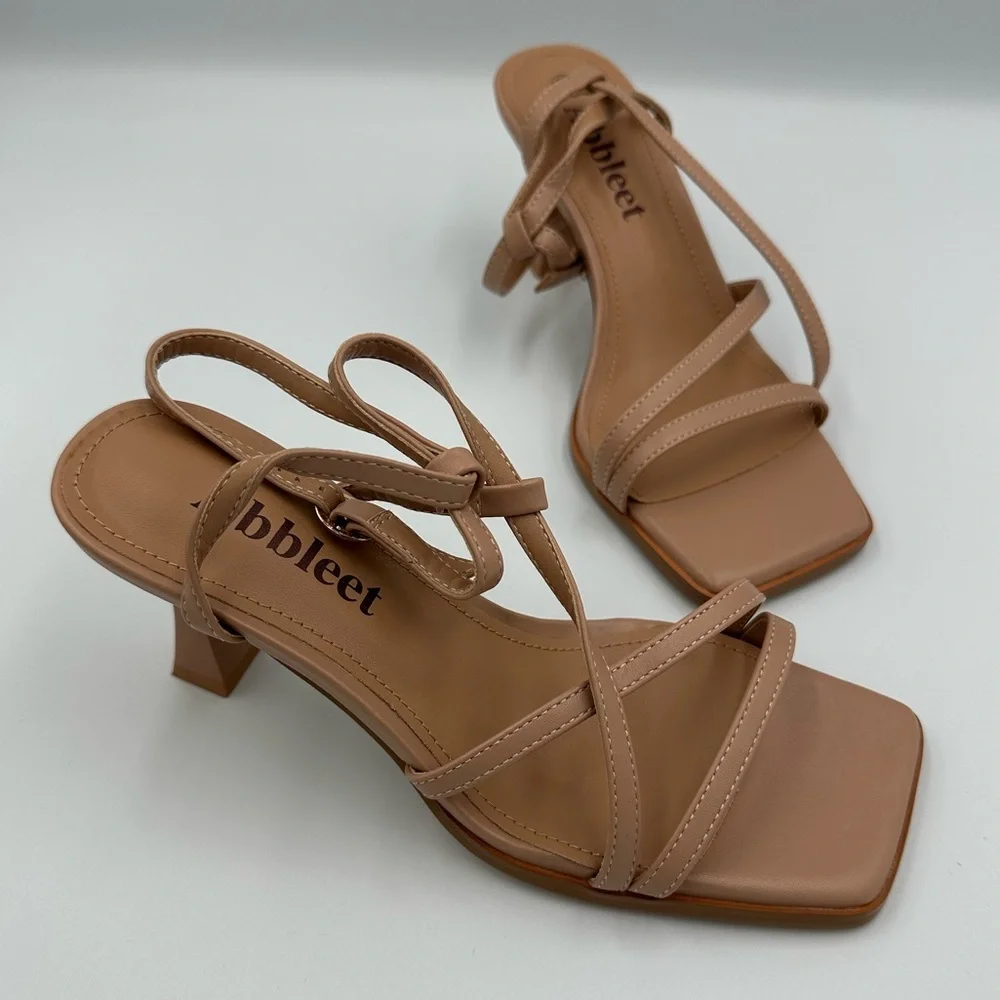 Abbleet Nude Strappy Square Toe Heels – Size 6, Block Heel Sandals, uln